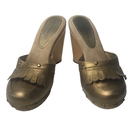 Enzo Angiolini Leather Fringe Studded Mules Clogs Golden Bronze Women’s Size 9M - Picture 3 of 12